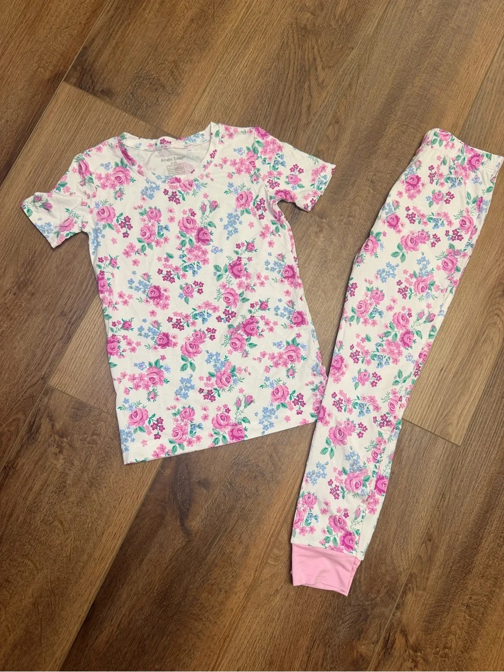 Angel Dear Little Roses Bamboo Pajama Set Girls 5-6Y Pink Floral Quiet Luxury